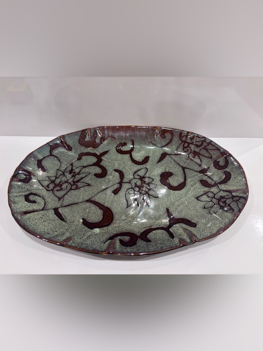 Savoy ambiance collection oval stoneware serving platter green floral 16”